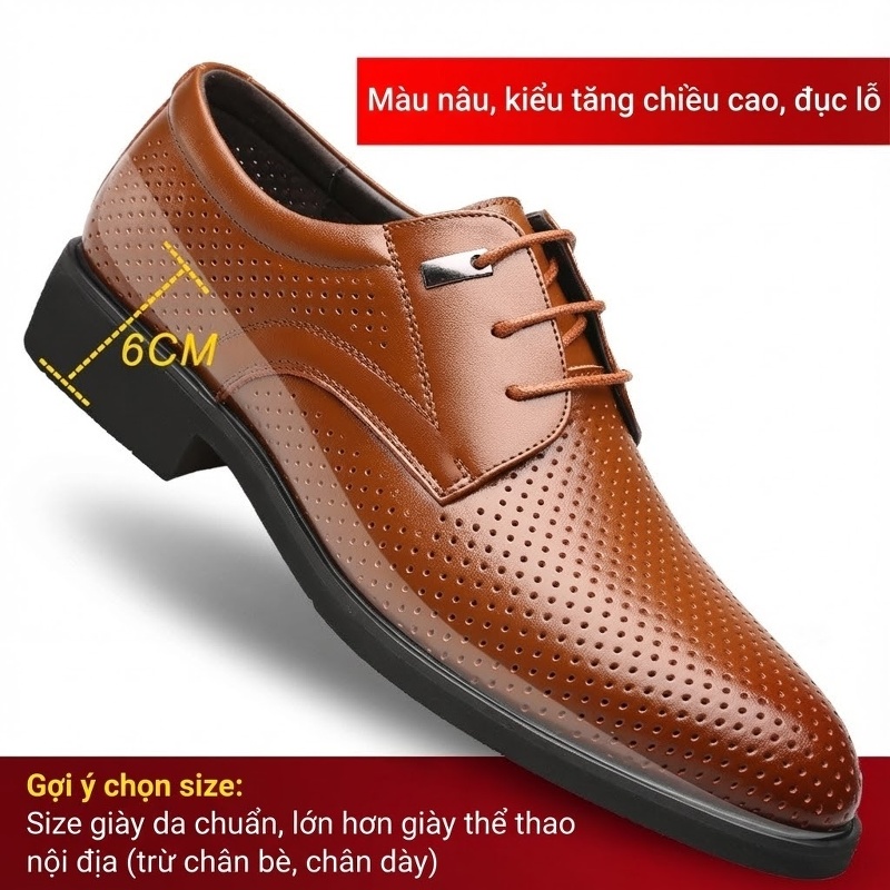 Giày Tây Buộc Dây Nam Da Bò Tăng Chiều Cao 6cm Lót Lông Màu Đen, Nâu