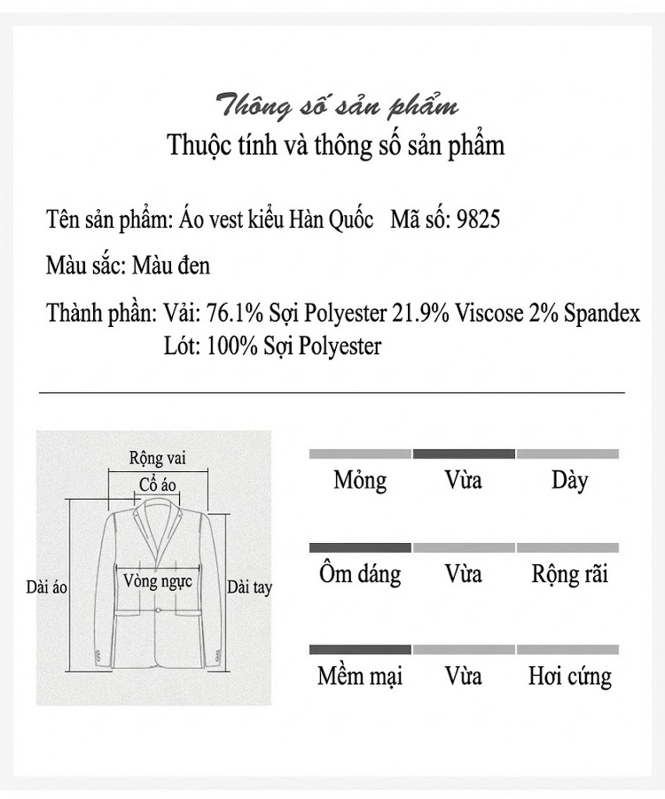 Áo Vest Nam Dáng Ôm Cổ Điển Một Nút Màu Đen chi tiết 32