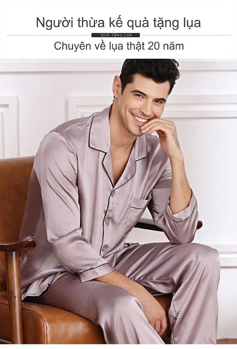 Bộ Pijama Lụa Dài Tay Nam 100% Lụa Tằm Cao Cấp Màu Xanh Navy, Xám, Đỏ, Kem chi tiết 1