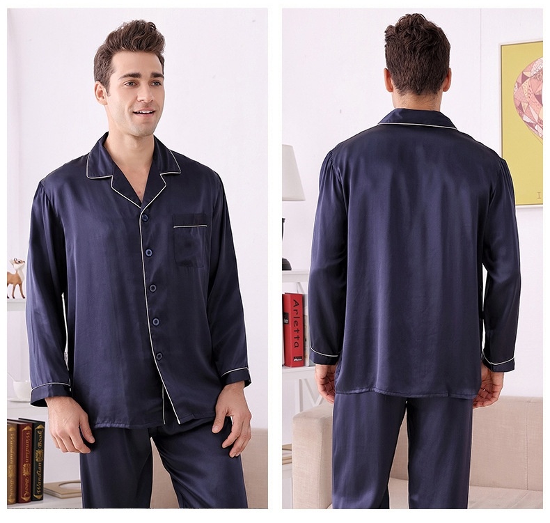 Bộ Pijama Lụa Dài Tay Nam 100% Lụa Tằm Cao Cấp Màu Xanh Navy, Xám, Đỏ, Kem chi tiết 11