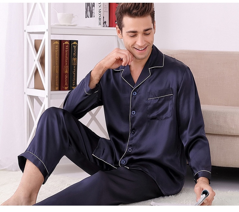 Bộ Pijama Lụa Dài Tay Nam 100% Lụa Tằm Cao Cấp Màu Xanh Navy, Xám, Đỏ, Kem chi tiết 12
