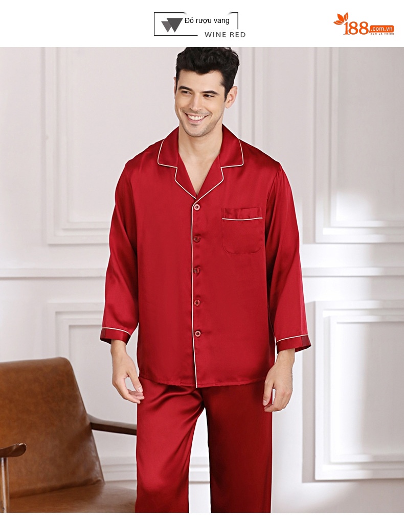 Bộ Pijama Lụa Dài Tay Nam 100% Lụa Tằm Cao Cấp Màu Xanh Navy, Xám, Đỏ, Kem chi tiết 8