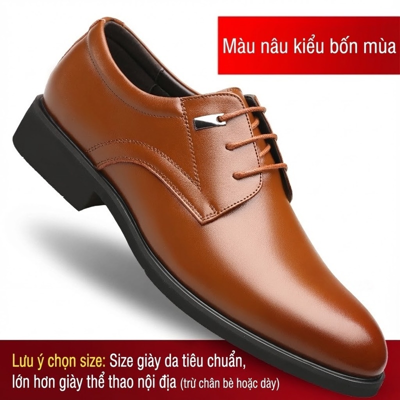 Giày Tây Buộc Dây Nam Da Bò Tăng Chiều Cao 6cm Lót Lông Màu Đen, Nâu