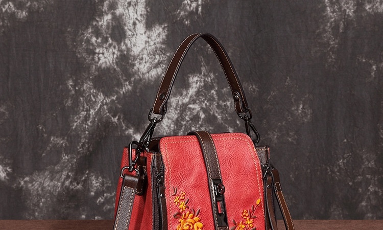 Túi Đeo Vai Nữ Da Bò Mini Vintage Thêu Hoa Đeo Chéo, Xách Tay Màu Nâu, Đỏ chi tiết 1