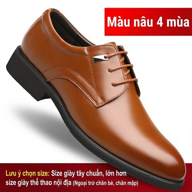 Giày Tây Buộc Dây Nam Da Bóng Chiều Cao Đế 6cm Màu Đen, Nâu