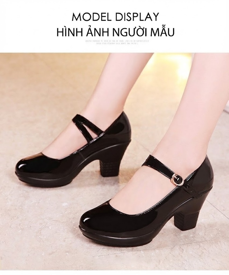 Giày Cao Gót Nữ Quai Ngang Da Bóng Chiều Cao Đế Khoảng 5cm Màu Đen, Đỏ, Bạc chi tiết 10