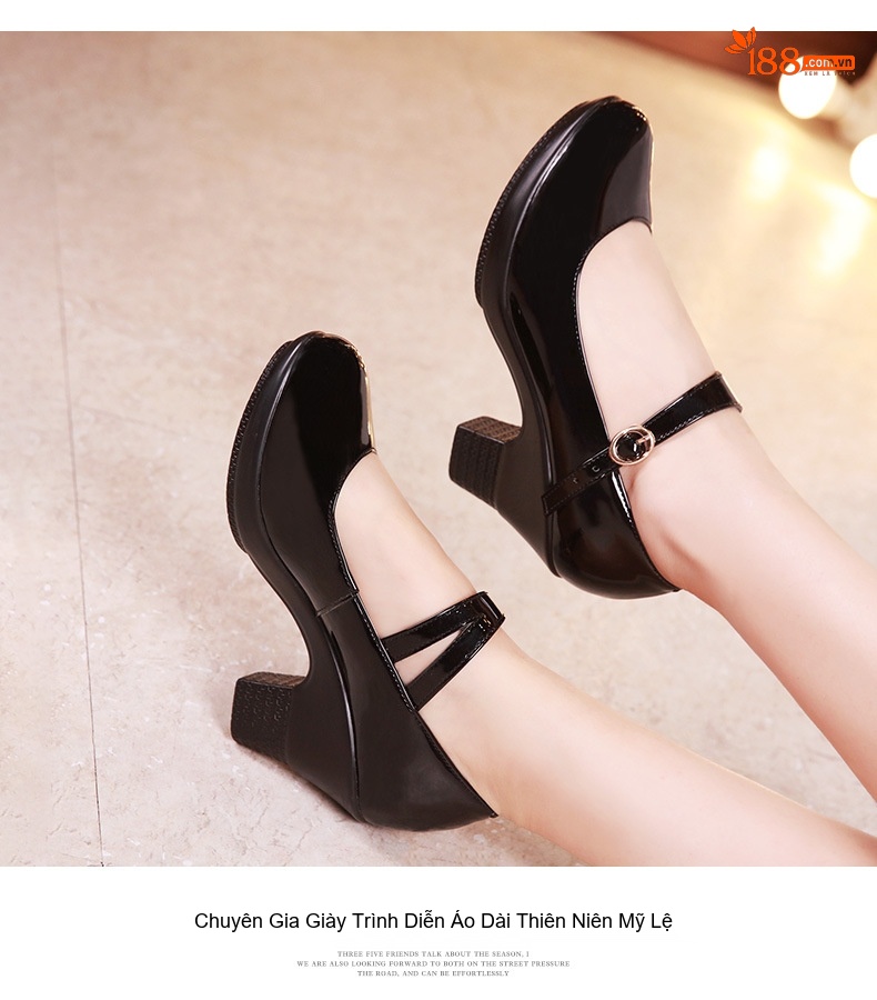 Giày Cao Gót Nữ Quai Ngang Da Bóng Chiều Cao Đế Khoảng 5cm Màu Đen, Đỏ, Bạc chi tiết 12