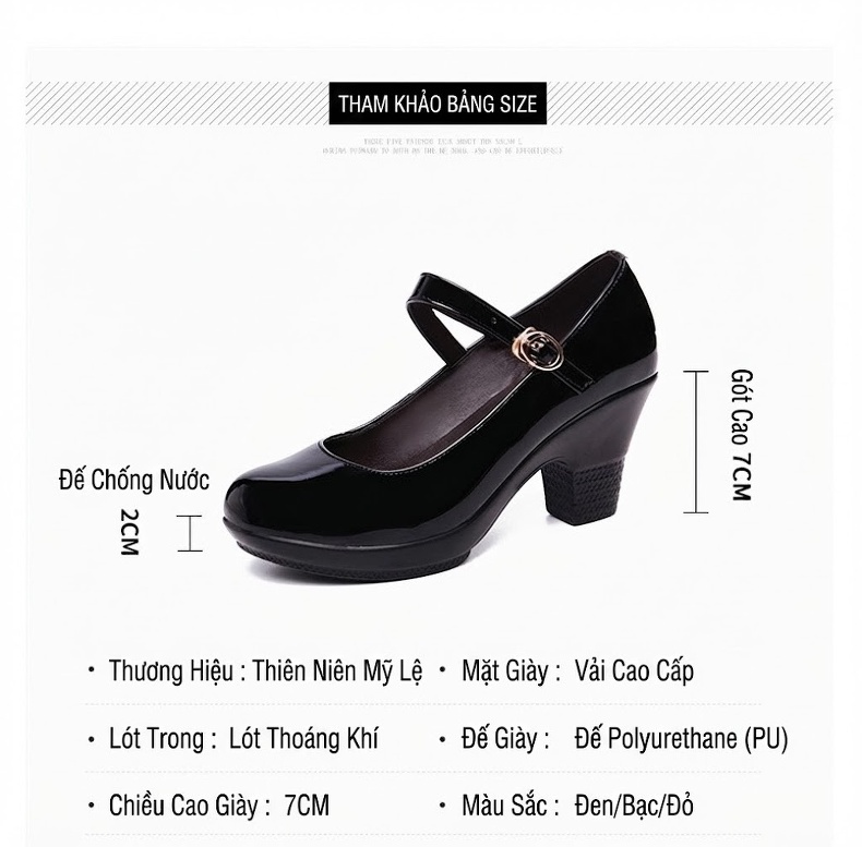 Giày Cao Gót Nữ Quai Ngang Da Bóng Chiều Cao Đế Khoảng 5cm Màu Đen, Đỏ, Bạc chi tiết 4