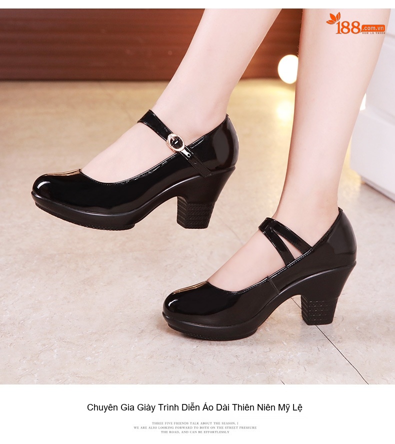 Giày Cao Gót Nữ Quai Ngang Da Bóng Chiều Cao Đế Khoảng 5cm Màu Đen, Đỏ, Bạc chi tiết 13
