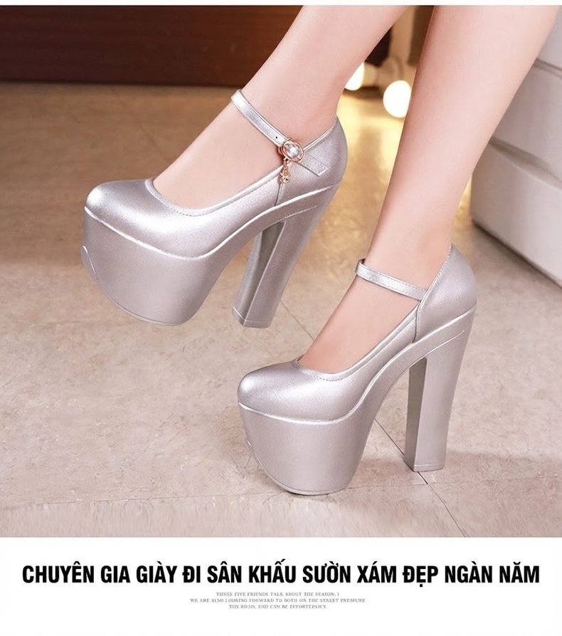 Giày Cao Gót Nữ Quai Ngang Đế Xuồng 15cm Da Bóng Màu Đen, Trắng, Bạc, Đỏ... chi tiết 13