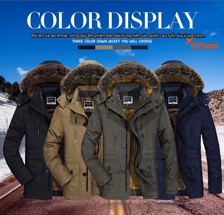 Áo Khoác Cotton Nam Dáng Dài Vừa Lót Lông Dày Dặn Màu Xanh Rêu, Xanh Navy, Đen, Nâu chi tiết 7