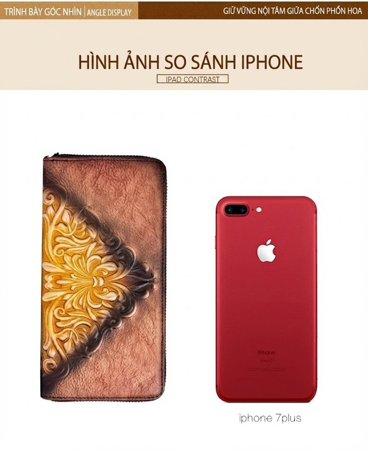 Ví Nữ Da Bò Dập Hoa Văn Cổ Điển Nhiều Ngăn Đựng Thẻ Tiện Lợi Màu Nâu, Đỏ, Vàng chi tiết 5