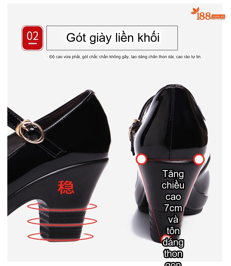 Giày Cao Gót Nữ Quai Ngang Da Bóng Chiều Cao Đế Khoảng 5cm Màu Đen, Đỏ, Bạc chi tiết 7