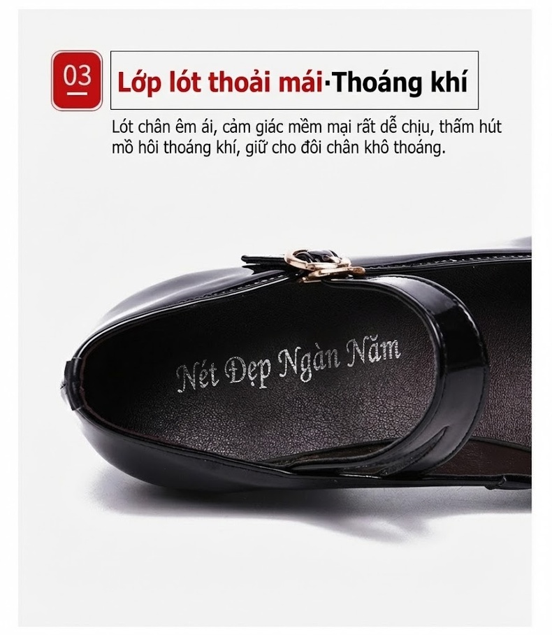 Giày Cao Gót Nữ Quai Ngang Da Bóng Chiều Cao Đế Khoảng 5cm Màu Đen, Đỏ, Bạc chi tiết 8