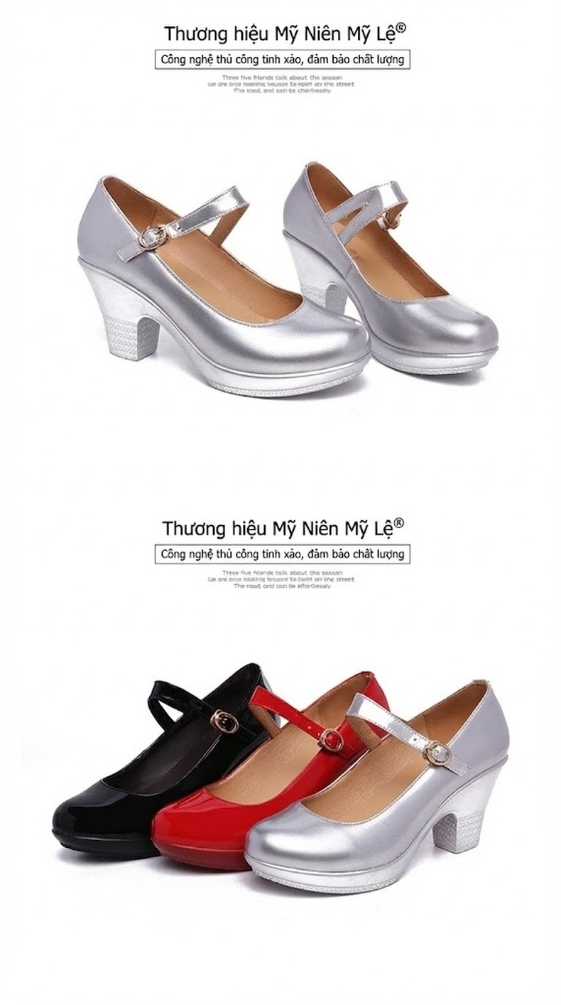 Giày Cao Gót Nữ Quai Ngang Da Bóng Chiều Cao Đế Khoảng 5cm Màu Đen, Đỏ, Bạc chi tiết 18