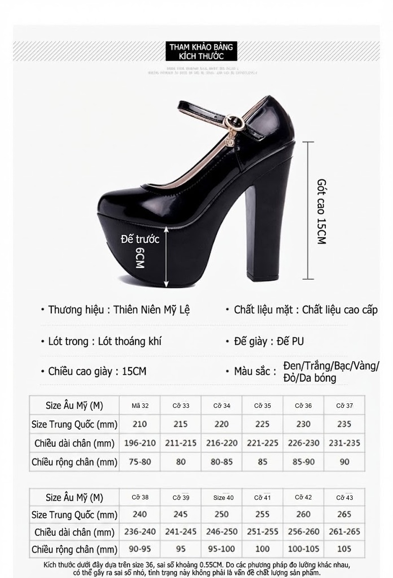 Giày Cao Gót Nữ Quai Ngang Đế Xuồng 15cm Da Bóng Màu Đen, Trắng, Bạc, Đỏ... chi tiết 4