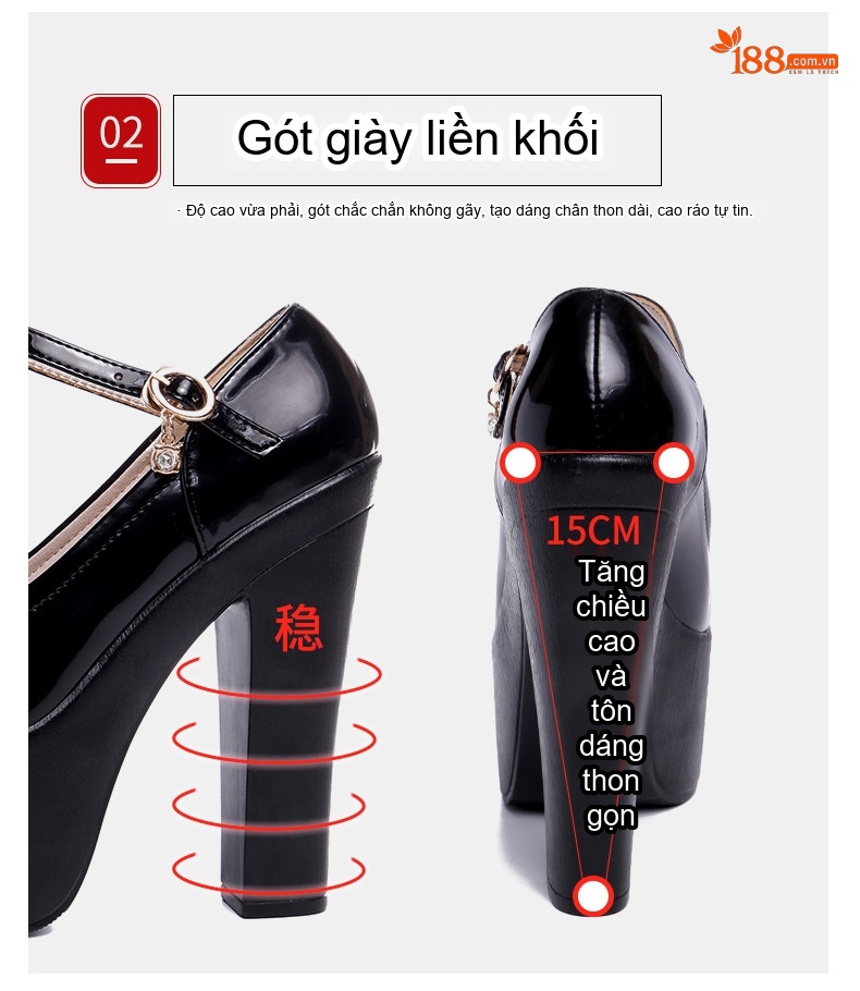 Giày Cao Gót Nữ Quai Ngang Đế Xuồng 15cm Da Bóng Màu Đen, Trắng, Bạc, Đỏ... chi tiết 7