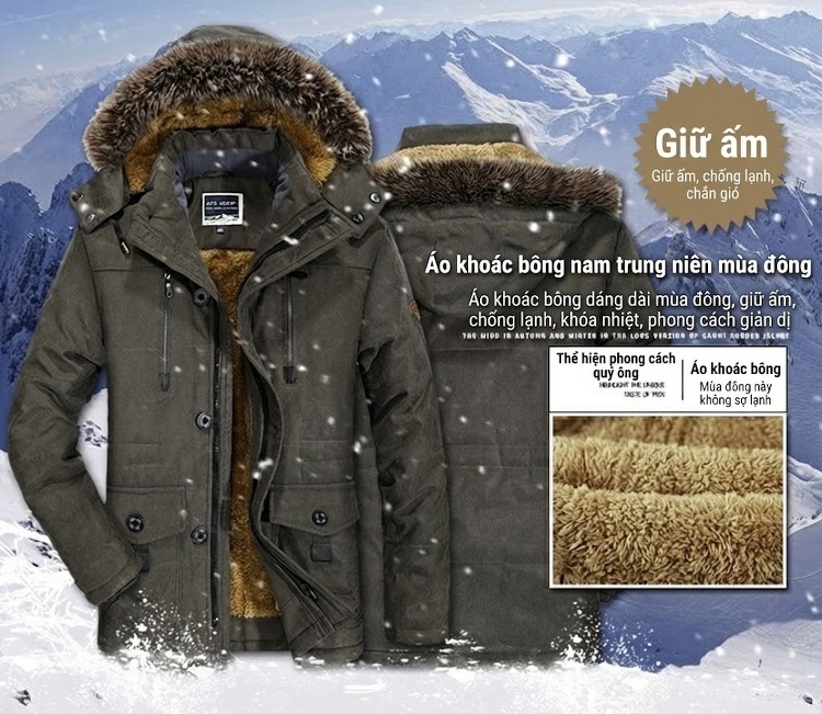 Áo Khoác Cotton Nam Dáng Dài Vừa Lót Lông Dày Dặn Màu Xanh Rêu, Xanh Navy, Đen, Nâu chi tiết 1