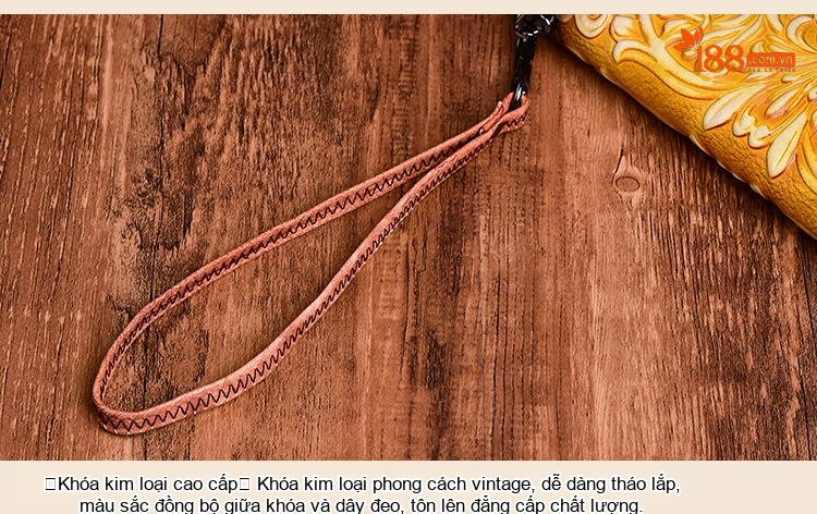 Ví Nữ Da Bò Dập Hoa Văn Cổ Điển Nhiều Ngăn Đựng Thẻ Tiện Lợi Màu Nâu, Đỏ, Vàng chi tiết 9