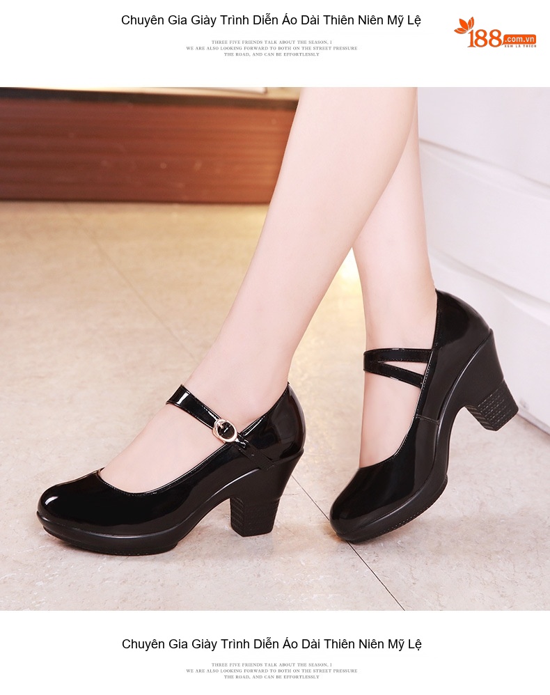 Giày Cao Gót Nữ Quai Ngang Da Bóng Chiều Cao Đế Khoảng 5cm Màu Đen, Đỏ, Bạc chi tiết 11