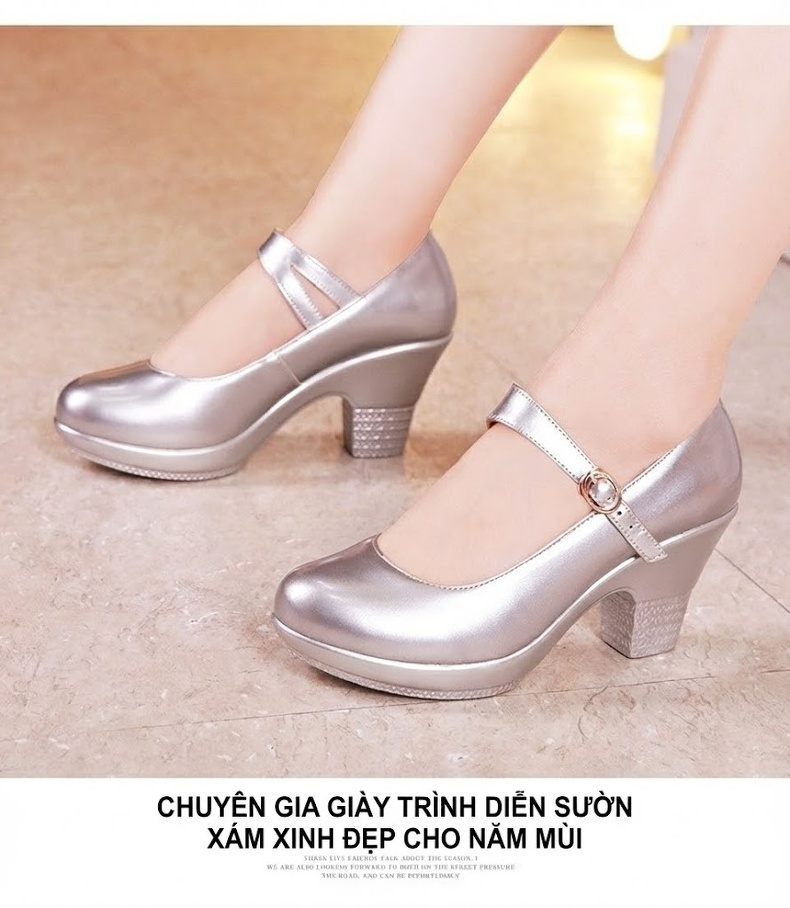 Giày Cao Gót Nữ Quai Ngang Da Bóng Chiều Cao Đế Khoảng 5cm Màu Đen, Đỏ, Bạc chi tiết 14