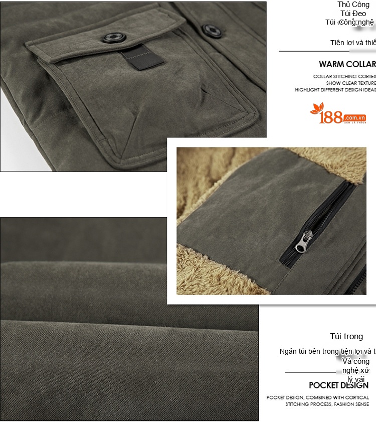 Áo Khoác Cotton Nam Dáng Dài Vừa Lót Lông Dày Dặn Màu Xanh Rêu, Xanh Navy, Đen, Nâu chi tiết 19