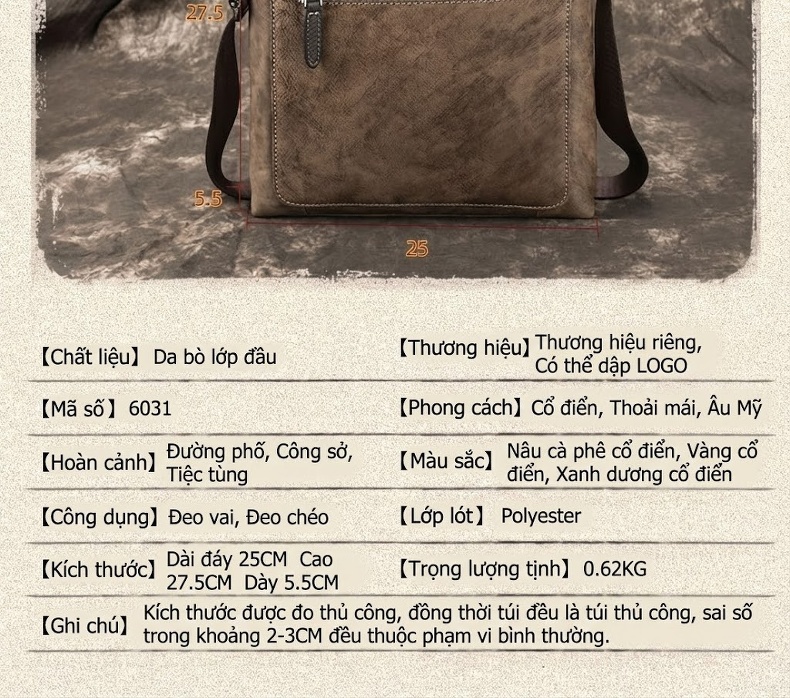 Túi Đeo Chéo Nam Da Bò Thật Vintage Phong Cách Âu Mỹ Màu Nâu, Xanh Dương, Da Bò chi tiết 4