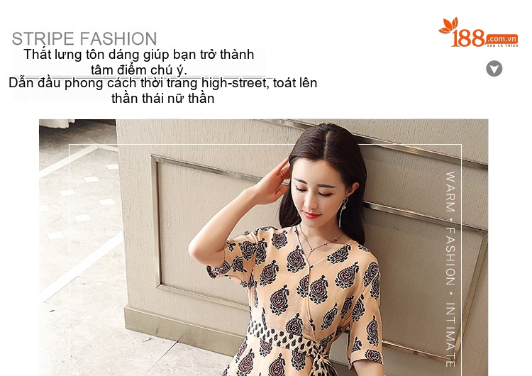 Váy liền thân Nữ dáng chữ A In Họa Tiết Tay Ngắn Eo Cao Thanh Lịch Màu Be, Đen chi tiết 1