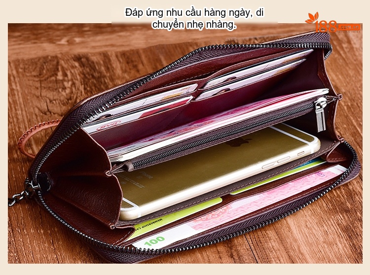 Ví Nữ Da Bò Dập Hoa Văn Cổ Điển Nhiều Ngăn Đựng Thẻ Tiện Lợi Màu Nâu, Đỏ, Vàng chi tiết 10