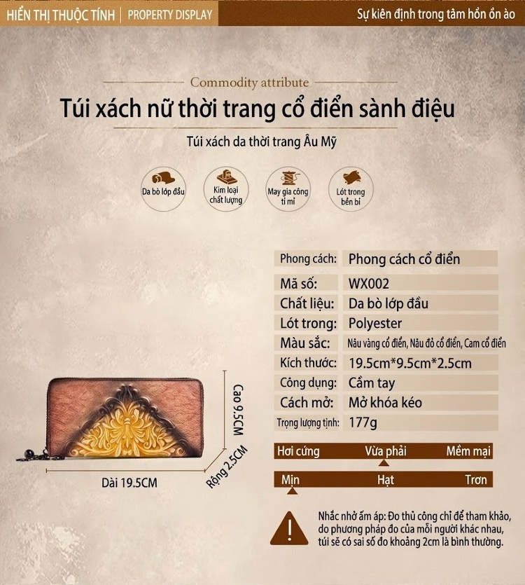 Ví Nữ Da Bò Dập Hoa Văn Cổ Điển Nhiều Ngăn Đựng Thẻ Tiện Lợi Màu Nâu, Đỏ, Vàng chi tiết 2