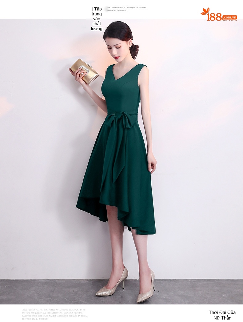 Váy Dự Tiệc Nữ Dáng Xòe Cổ chữ V Đơn Giản Thanh Lịch Màu Xanh Lá, Xanh Navy chi tiết 6