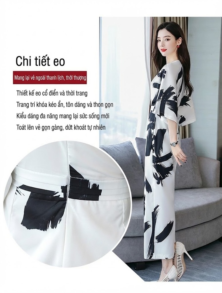 Jumpsuit Nữ Tay Lỡ Cổ chữ V Khoét Eo Thiết Kế Hàn Quốc Ống Rộng Họa Tiết Trắng Đen chi tiết 3