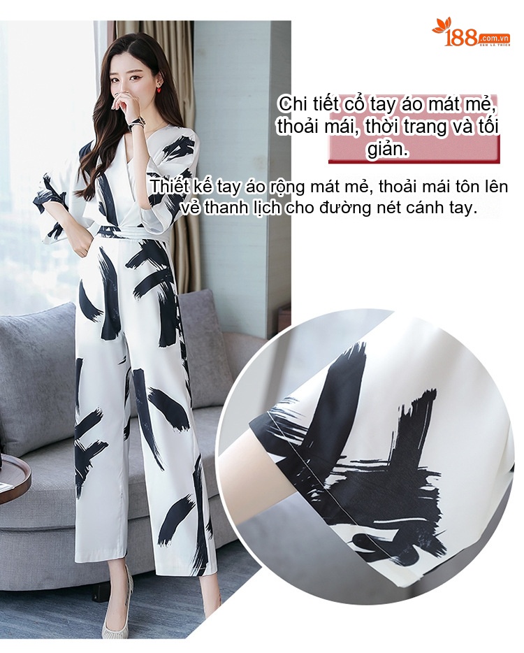 Jumpsuit Nữ Tay Lỡ Cổ chữ V Khoét Eo Thiết Kế Hàn Quốc Ống Rộng Họa Tiết Trắng Đen chi tiết 4