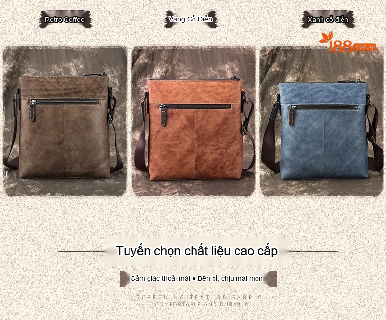 Túi Đeo Chéo Nam Da Bò Thật Vintage Phong Cách Âu Mỹ Màu Nâu, Xanh Dương, Da Bò chi tiết 2