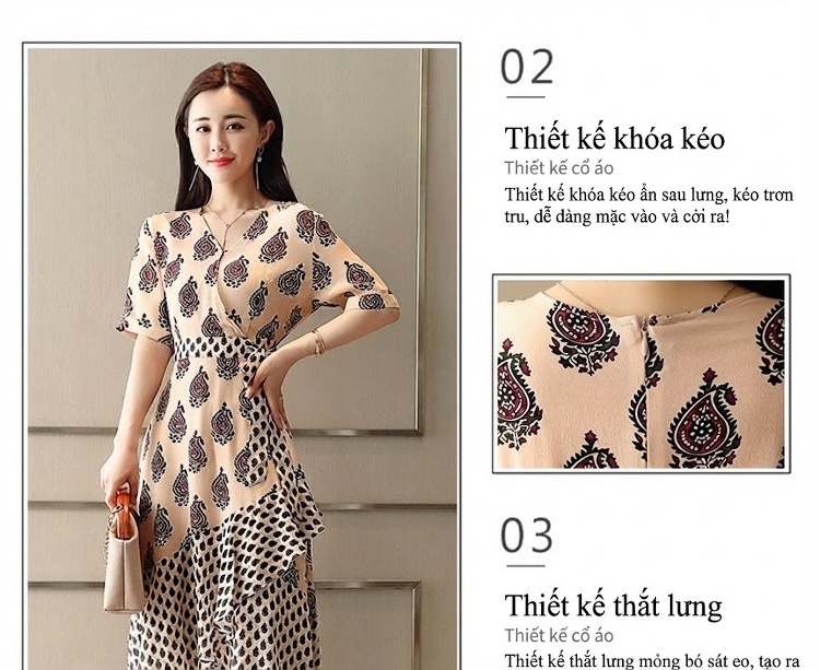 Váy liền thân Nữ dáng chữ A In Họa Tiết Tay Ngắn Eo Cao Thanh Lịch Màu Be, Đen chi tiết 3
