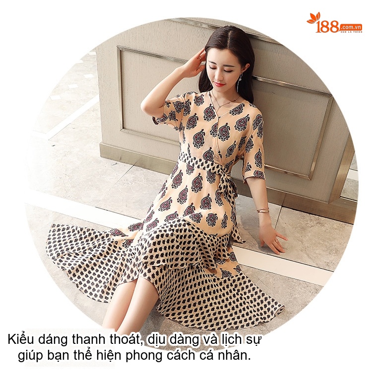 Váy liền thân Nữ dáng chữ A In Họa Tiết Tay Ngắn Eo Cao Thanh Lịch Màu Be, Đen chi tiết 12