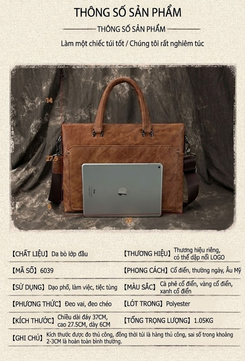 Túi Xách Nam Da Bò Công Sở Đeo Chéo Đựng Laptop Màu Nâu, Xanh Dương chi tiết 2