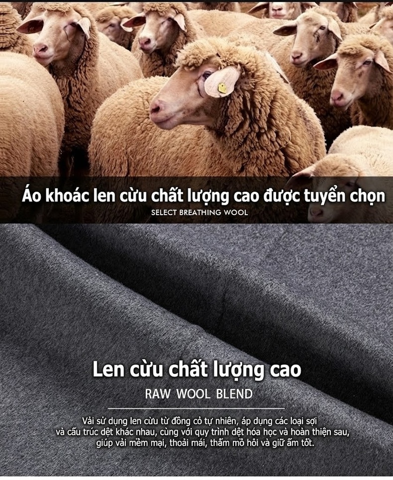 Áo Khoác Dạ Nam Dáng Dài Double-Face Thu Đông Màu Xám, Đen, Xanh Navy chi tiết 3