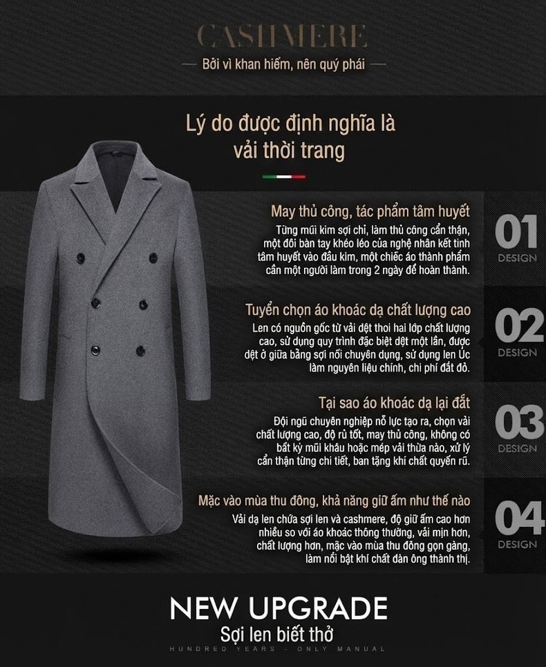 Áo Khoác Dạ Nam Dáng Dài Double-Face Thu Đông Màu Xám, Đen, Xanh Navy chi tiết 2