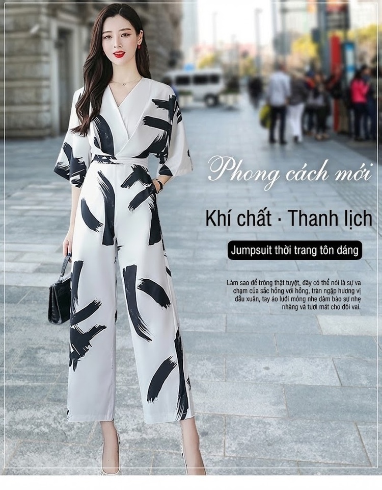 Jumpsuit Nữ Tay Lỡ Cổ chữ V Khoét Eo Thiết Kế Hàn Quốc Ống Rộng Họa Tiết Trắng Đen chi tiết 1