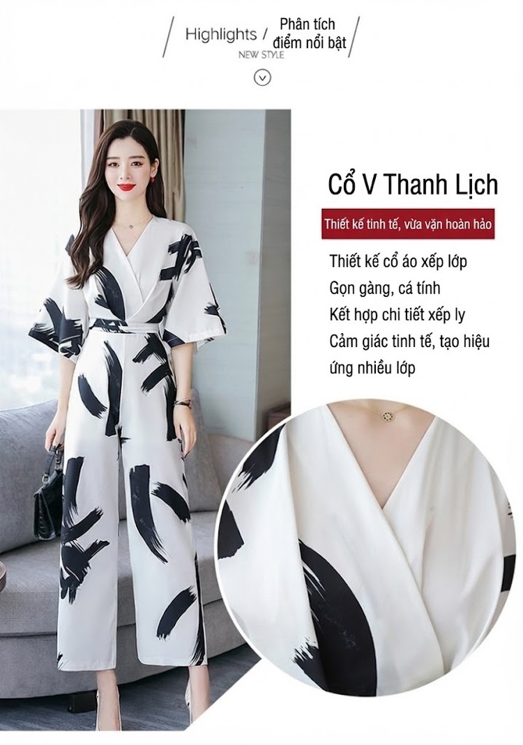 Jumpsuit Nữ Tay Lỡ Cổ chữ V Khoét Eo Thiết Kế Hàn Quốc Ống Rộng Họa Tiết Trắng Đen chi tiết 2