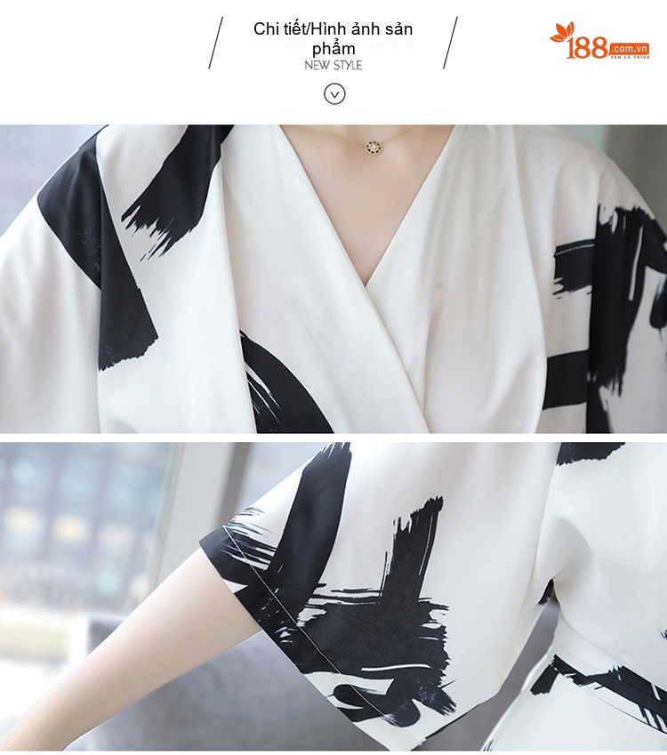 Jumpsuit Nữ Tay Lỡ Cổ chữ V Khoét Eo Thiết Kế Hàn Quốc Ống Rộng Họa Tiết Trắng Đen chi tiết 14