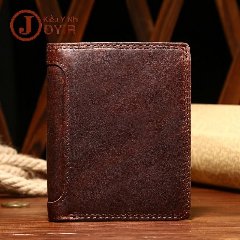 Ví Ngắn Nam Da Dầu Sáp Bò Vintage Nhiều Ngăn Màu Nâu chi tiết 12