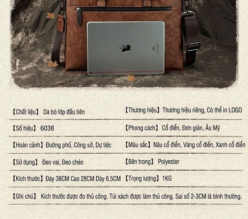 Túi Xách Công Sở Nam Da Bò Đựng Laptop Có Dây Đeo Màu Nâu, Xanh Dương, Xám chi tiết 3