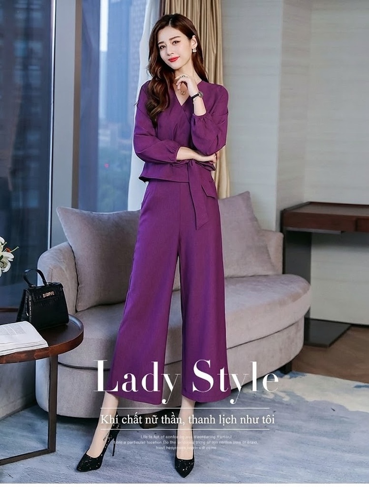 Set Bộ Quần Áo Nữ Thu Đông Áo Dài Tay Cổ chữ V Kèm Áo Khoác Lửng Quần Ống Rộng Màu Tím chi tiết 1