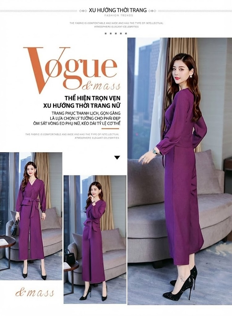 Set Bộ Quần Áo Nữ Thu Đông Áo Dài Tay Cổ chữ V Kèm Áo Khoác Lửng Quần Ống Rộng Màu Tím chi tiết 2