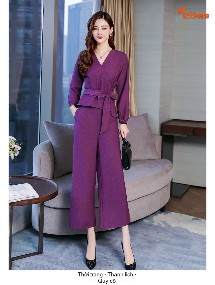 Set Bộ Quần Áo Nữ Thu Đông Áo Dài Tay Cổ chữ V Kèm Áo Khoác Lửng Quần Ống Rộng Màu Tím chi tiết 5