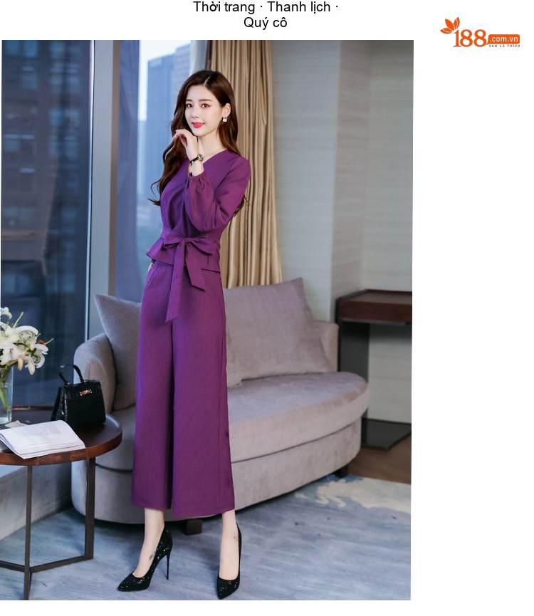 Set Bộ Quần Áo Nữ Thu Đông Áo Dài Tay Cổ chữ V Kèm Áo Khoác Lửng Quần Ống Rộng Màu Tím chi tiết 11