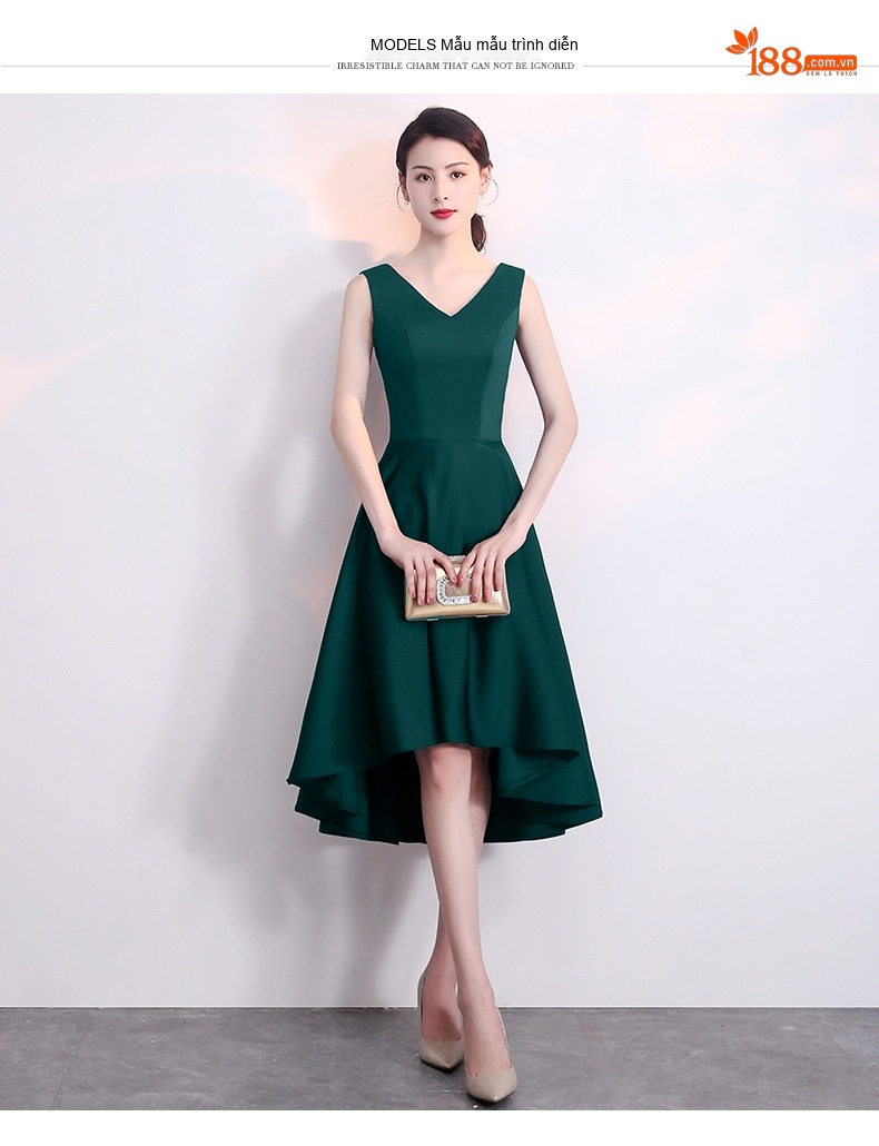 Váy Dự Tiệc Nữ Dáng Xòe Cổ chữ V Đơn Giản Thanh Lịch Màu Xanh Lá, Xanh Navy chi tiết 2