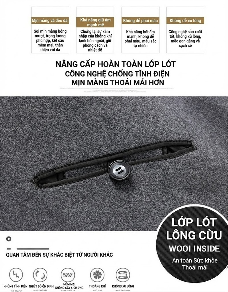 Áo Khoác Dạ Nam Dáng Dài Double-Face Thu Đông Màu Xám, Đen, Xanh Navy chi tiết 4